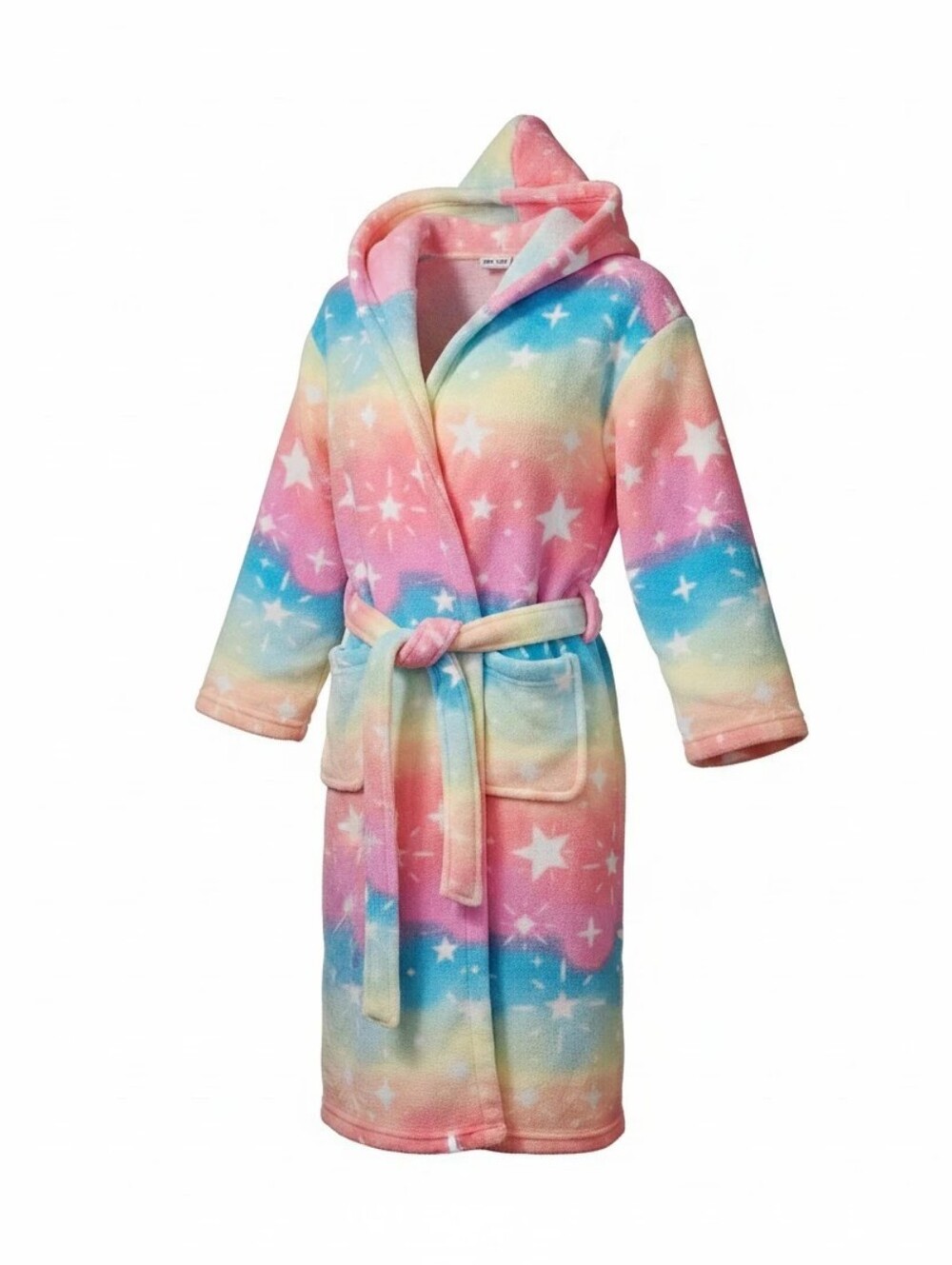 Kids Rainbow Star Hooded Fleece Robe - Pink, Blue & Yellow